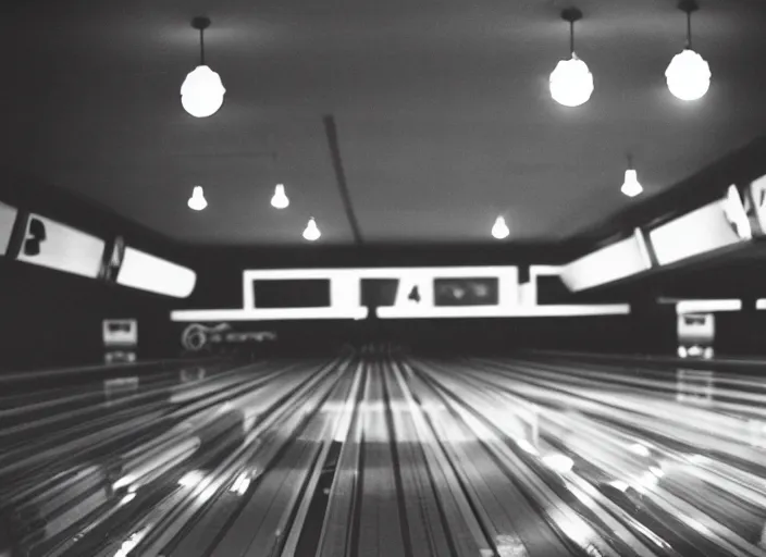 Image similar to a 35mm photograph of an empty bowling alley in the 1950's, bokeh, Canon 50mm, cinematic lighting, photography, retro, film, Kodachrome