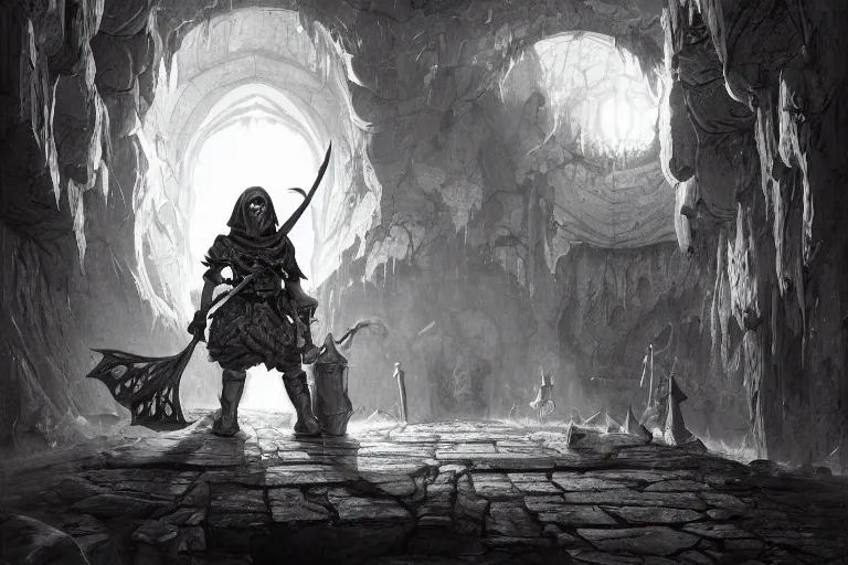 Prompt: black and white one point perspective dungeon cozy fantasy dungeon the stable gnome acolyte Kader asks you for help with the blade ghost,by artgerm and Craig Mullins, James Jean, Andrey Ryabovichev, Mark Simonetti and Peter Morbacher 16k