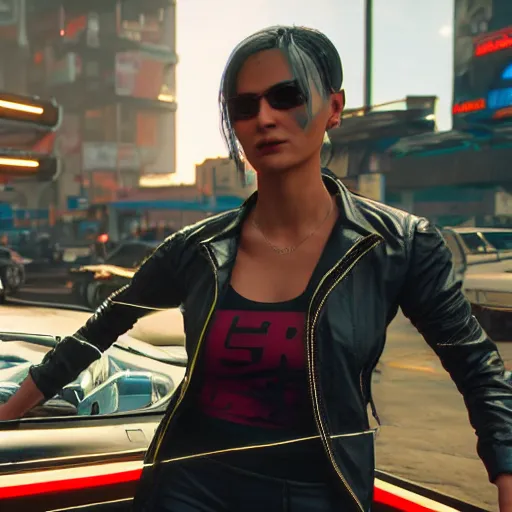 Image similar to v from cyberpunk 2077 driving a delorian