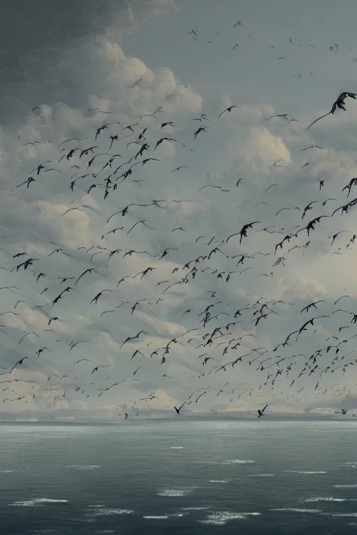 Image similar to A detailed matte painting of a flock of cranes flying upwards from river, water dripping,evening, Moebius, Artstation