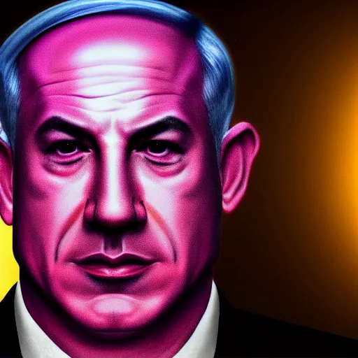 Image similar to breathtaking symmetrical portrait of benjamin netanyahu wearing golden otherworldly purple jewels and a white robe, studio lighting, dynamic lighting, sharp, 4 k, trending on artstation