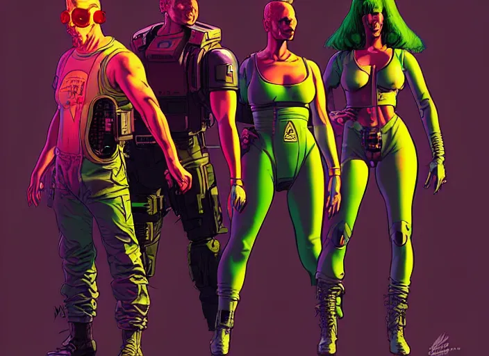 Image similar to cyberpunk hazmat nuclear containment squad. portrait by stonehouse and mœbius and will eisner and gil elvgren and pixar. character design. realistic proportions. cyberpunk 2 0 7 7 character art, blade runner 2 0 4 9 concept art. cel shading. attractive face. thick lines. the team. diverse characters. artstationhq.