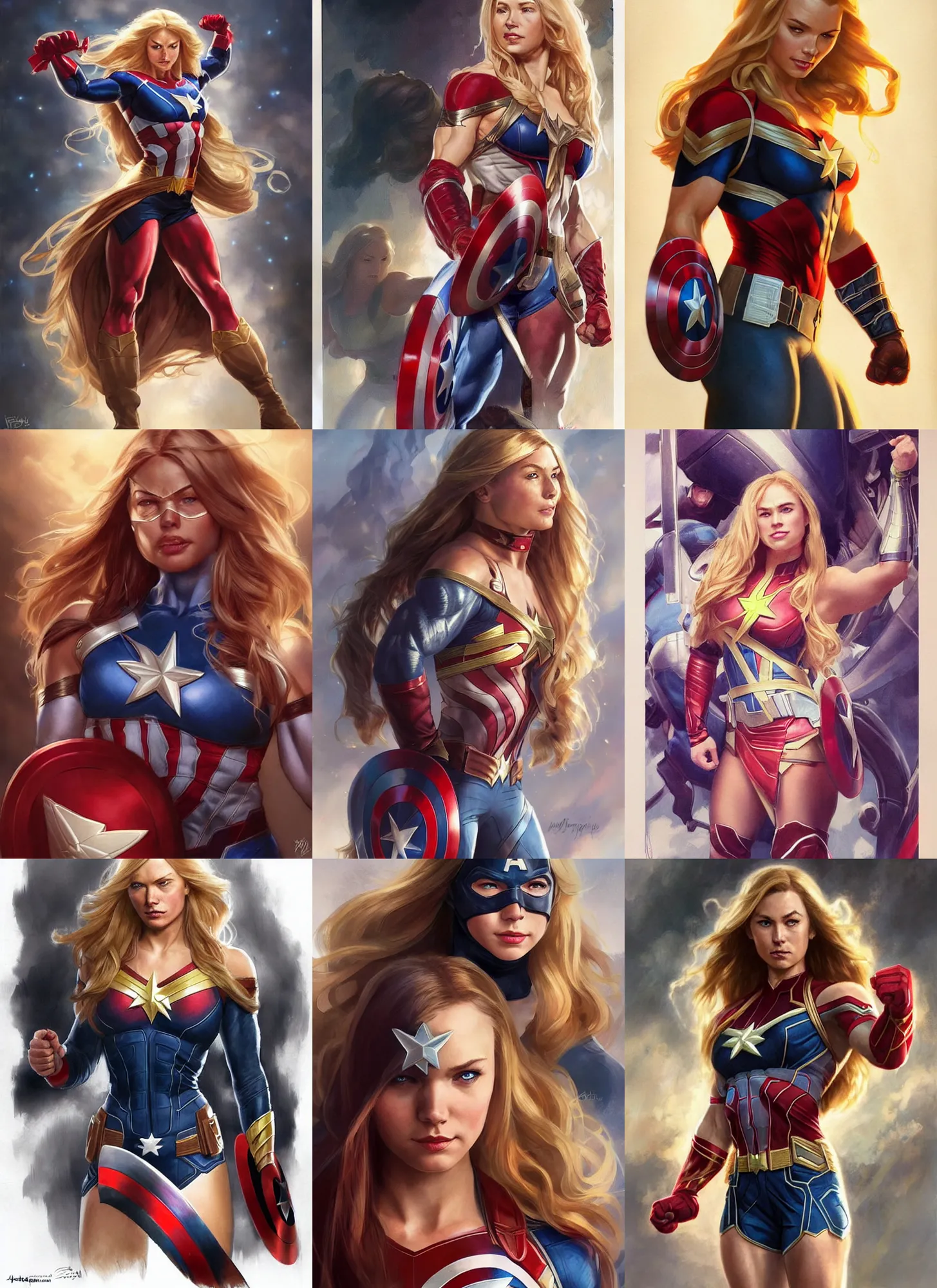 Prompt: a very muscled young april with a mischievous face and extremely long blonde wavy hair dressed as captain america, batman, the flash, captain marvel, wonder woman, a superhero. beautiful detailed face, artgerm, greg rutkowski, alphonse mucha