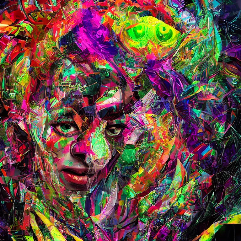 Prompt: hyper-maximalist overdetailed half portrait half collage slightly abstract pesudofigurative digital illustration by archan nair feat hakan hisim inspired by works of android jones. Pschedelic visionary artwork.