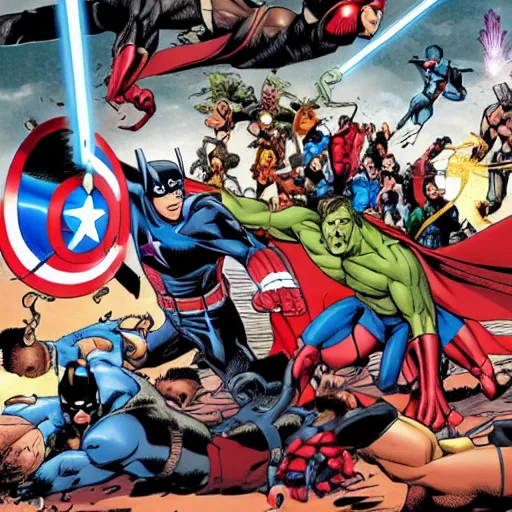 Image similar to The avengers having a epic battle with the justice League