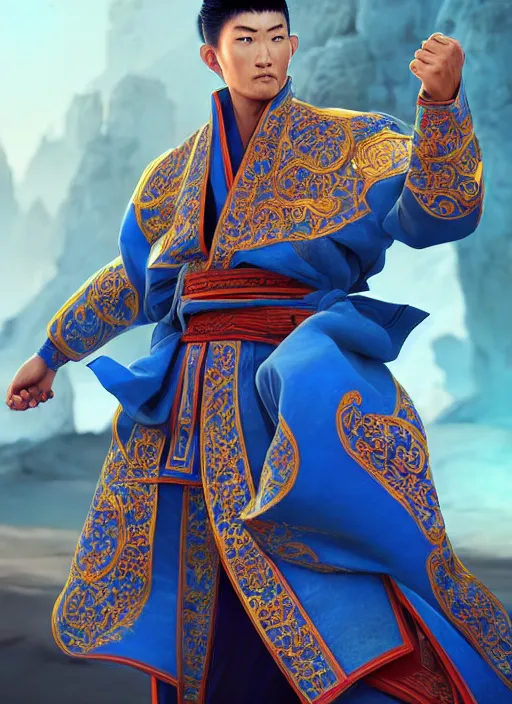 Image similar to male mongolian martial artist!!!! blue eyes!! intricate ornate blue robes!! character concept art, sharp focus, octane render! unreal engine 5! highly rendered!! trending on artstation!! detailed linework!! illustration by artgerm, wlop, and chie yoshii