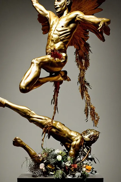 Image similar to Jean-Michel Basquiat as a bronze full-body statue of Icarus spreading his arms and arching his back for flight, glowing quartz crystal skull, wreath of ferns, flowing sakura-colored silk, fabric, flowers. baroque elements, human skull. full-length view. baroque element. intricate artwork by caravaggio. many many birds birds on background. Trending on artstation. halo. octane render, cinematic, hyper realism, octane render, 8k, depth of field, 3D