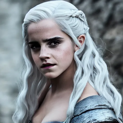 Prompt: Emma Watson full shot modeling as Daenerys Targaryen From Game of Thrones, (EOS 5DS R, ISO100, f/8, 1/125, 84mm, postprocessed, crisp face, facial features)