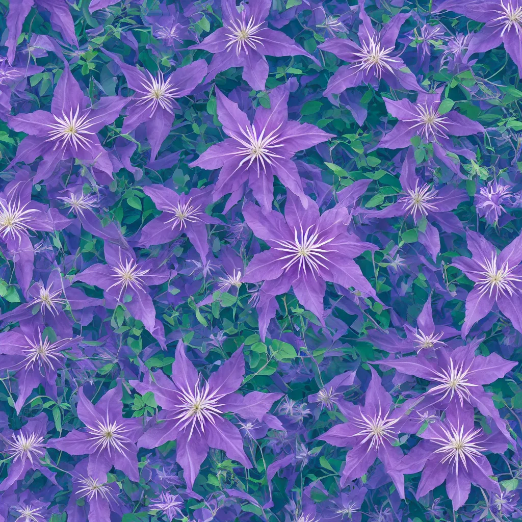 Image similar to clematis theme logo, clematis theme banner, clematis design, clematis in the deep sea, clematis like stars in the sky, trending on artstation, warm light, lovely and cute, fantasy art, 8 k resolution, highly detailed, pattern with optical illusion