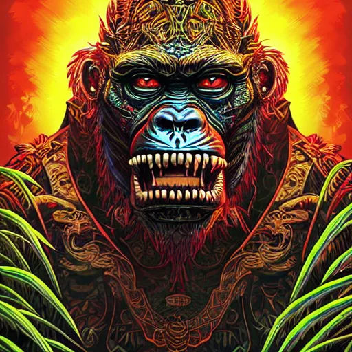 Image similar to barong family member, wiwek, mara demon, one single tribe member, jungle, one single mask, dark, ancient warrior, gorilla, lizard, tribal, inner glow, art by dan mumford and justin gerard