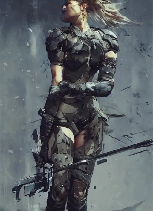 Image similar to Margot Robbie wearing metal gear armor holding rifle dramatic lighting art by Yoji Shinkawa by Richard Schmid by greg rutkowski by Sandra Chevrier by Jeremy Lipking cinematic dramatic