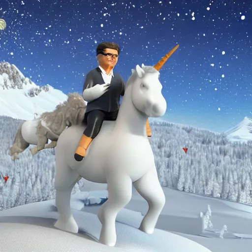 Image similar to 3D render of Kim Jong-il riding on the back of a cute unicorn in a snowy mountain range, highly intricate, highly detailed,