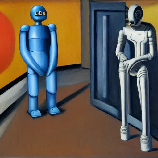 Image similar to people in robot suits, pj crook, edward hopper, oil on canvas