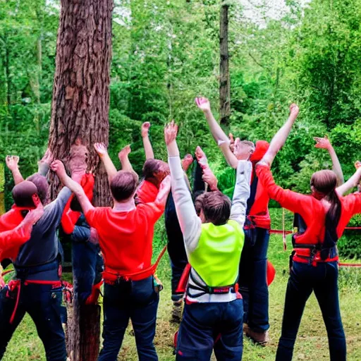 Prompt: a group of go ape instructors cheering with glee at a y - swapper being replaced