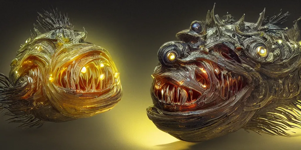 Image similar to angler fish sculpture, stylized layered shapes, long flowing fins, bioluminescent orbs, diffuse lighting, glowing eye, intricate, elegant, highly detailed, lifelike, photorealistic, digital painting, artstation, smooth, sharp focus, art by h r giger