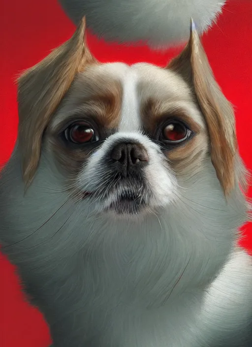 Image similar to portrait of a dwarf Japanese chin dog, highly detailed, centered, solid color background, digital painting, artstation, concept art, smooth, sharp focus, illustration, Jason Edmiston, donato giancola, Joseph Christian Leyendecker, Les Edwards, Ed Repka, WLOP, Artgerm