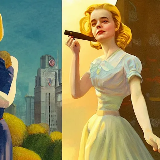 Image similar to Elle Fanning, head and shoulders masterpiece, in Bioshock Rapture, golden hour, in a garden, artstation, in the style of Art Deco and Edward Hopper and Bosch, extremely detailed