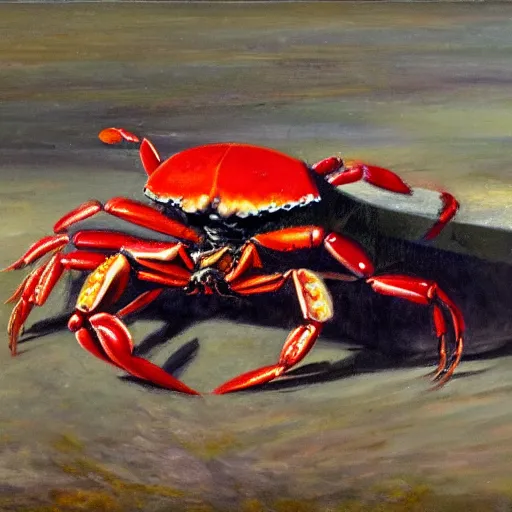 Prompt: red crab holding a sardine on a beach, oil on canvas, extremely detailed,