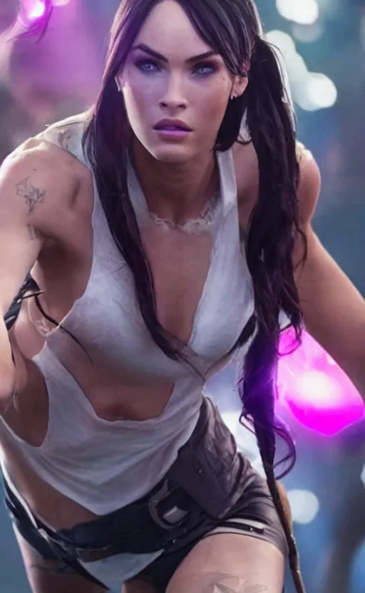 Image similar to action still of Caitlyn in KDA League of legends movie played by Megan Fox. imax, cinematic, 35mm, 4k resolution, dslr, live action, hyperreal, very detailed