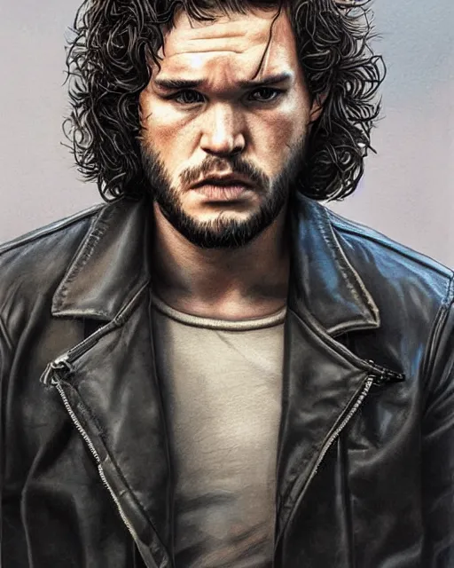 Image similar to portrait of kit harrington, gritty, dark, wearing a leather jacket, very detailed eyes, hyperrealistic, very detailed painting by Glenn Fabry, by Joao Ruas, by Artgerm