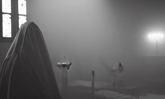 Image similar to a cultist ceremony, cultists with robes and masks, church interior, satanic church interior, the fog. horror lighting, found footage