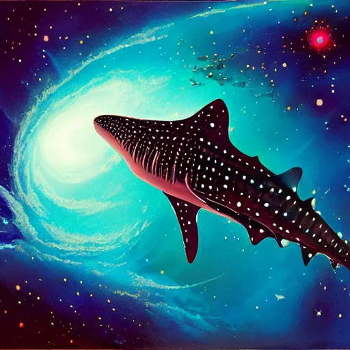 Prompt: gouache painting of a whale shark flying through a swirling, luminous nebula, elegant, ultra detailed, les edwards
