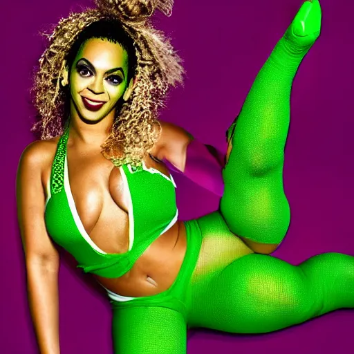 Prompt: Singer Beyoncé with green skin and dark green hair, wearing a white leotard with two purple vertical stripes, green skinned, wearing purple and white fingerless gloves, wearing purple and white sneakers, mini skirt, smiling, detailed legs, hyperreal, surreal, bokeh, tilt shift photography, green arms, green legs, green face,
