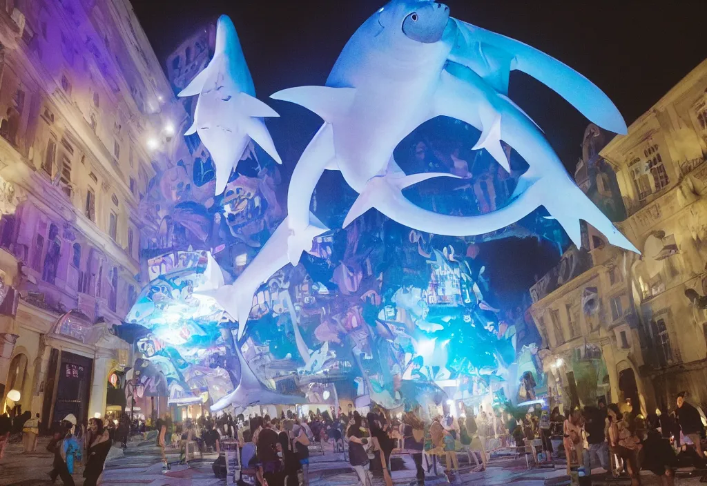 Image similar to 3 d 🦈 popping out of curved screen, town square, volumetric lighting, shot on 7 0 mm, instax