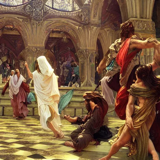 Image similar to a detailed picture of jesus chasing away the merchants in the temple, thrown tables, scattered gold coins, fleeing merchants, fantasy, intricate, elegant, highly detailed, digital painting, artstation, matte, sharp focus, illustration, vaporwave style art by john collier and albert aublet and krenz cushart and artem demura and alphonse mucha