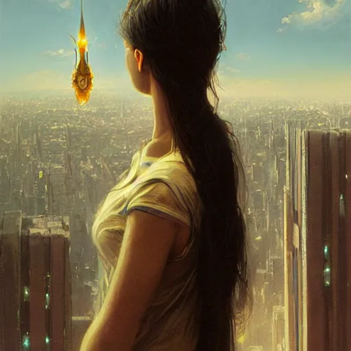 Image similar to ifirst person perspective in a city looking up at the sky to see god's female face looking down at me, fantasy illustration, by greg rutkowski