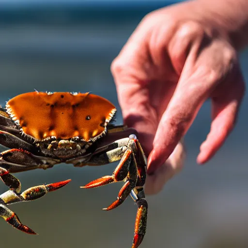 Image similar to crab biting the finger of an old man, canon eos r 3, f / 1. 4, iso 2 0 0, 1 / 1 6 0 s, 8 k, raw, unedited, symmetrical balance, wide angle