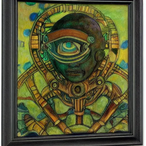 Image similar to the robot in her mechanical mask,by Annie Swynnerton and Diego Rivera, symbolist, dramatic lighting, elaborate geometric ornament, Art Brut, bioluminescent, soft blues and greens,smooth, sharp focus, extremely detailed, Adolf Wölfli