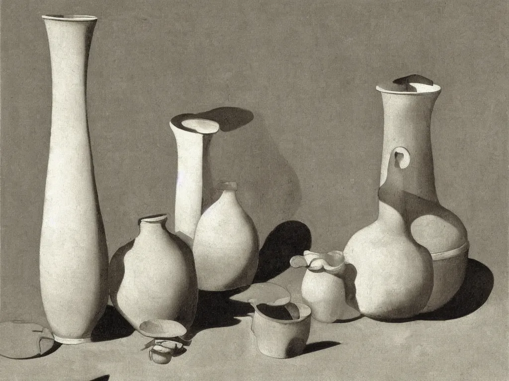 Prompt: Still life with white vase, ceramic pot, dried flower, woman washing her feet. Painting by Zurbaran, Karl Blossfeldt, Morandi