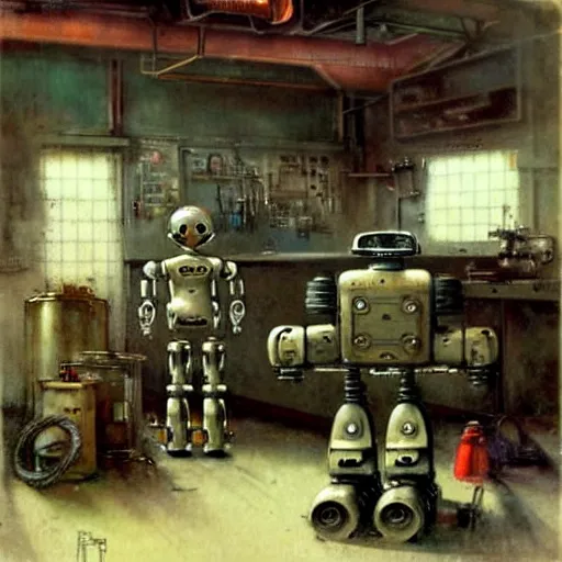 Prompt: ( ( ( ( ( 1 9 5 0 s retro boy inventors science fiction cluttered robot mechanics shop interior scene. muted colors. ) ) ) ) ) by jean - baptiste monge!!!!!!!!!!!!!!!!!!!!!!!!!!!!!!