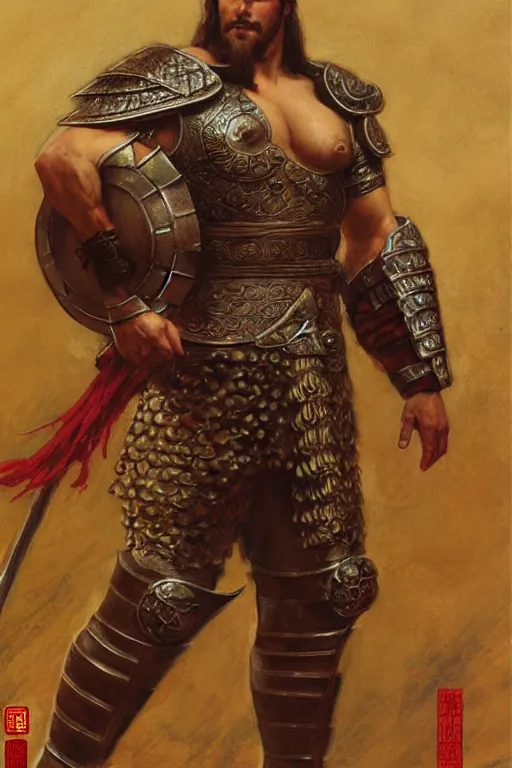 Prompt: attractive beefy male with armor, ancient china, three kingdoms, character design, painting by gaston bussiere, craig mullins, j. c. leyendecker, tom of finland
