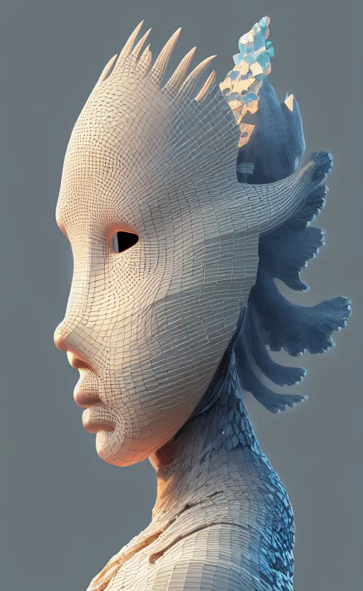 Prompt: 3 d goddess close - up profile portrait. beautiful intricate highly detailed korean gumiho mask and traditional korean hanbok. stingray, magpie, bio luminescent, plasma, lava, ice, water, wind, creature, artwork by tooth wu and wlop and beeple and greg rutkowski, cgsociety,