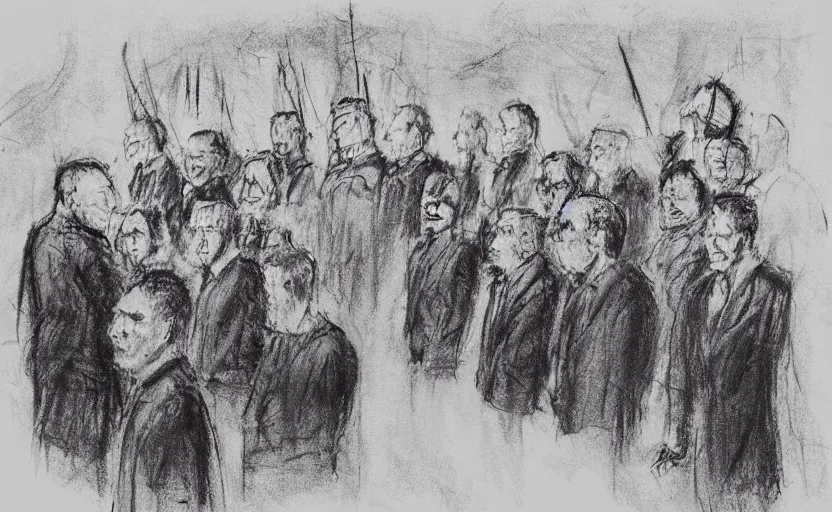 Prompt: “ court sketch of minions at the nuremberg trial, historical document ”