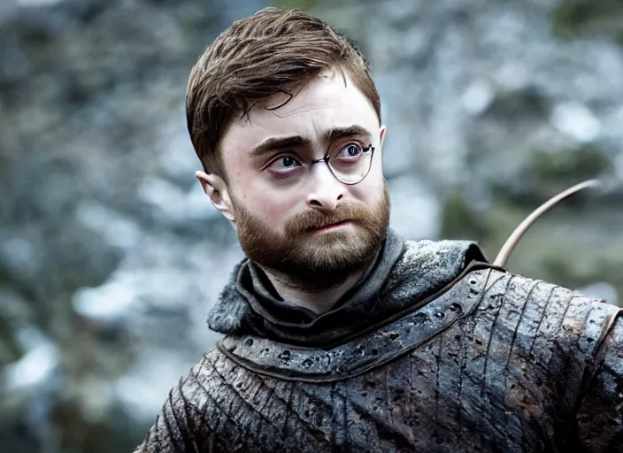 Prompt: daniel radcliffe as gelthinors in game of thrones, holding out a wand, live action film, cinematic photo, clear hd image