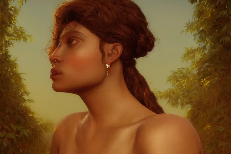 Image similar to beautiful portrait of a female that resembles afrodite, Portrait, Golden Hour, Rays of Shimmering Light, Natural Lighting, Artstation, by Caspar David Friedrich, by Pre-Raphaelite Brotherhood, Unreal Engine