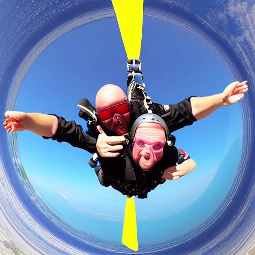 Image similar to corpulent trucker skydiving, fisheye lens