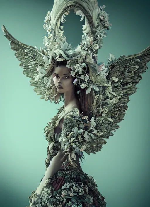 Image similar to full body environmental portrait photo of a female model as angel, ornate headpiece made from flowers, ornaments, glamour shot by gemmy woud - binnendijk, chris knight, photorealistic, canon r 3, fashion photography, ornate, symmetrical features, octane render, unreal engine, solid dark background, clamp shell lighting, rim lighting