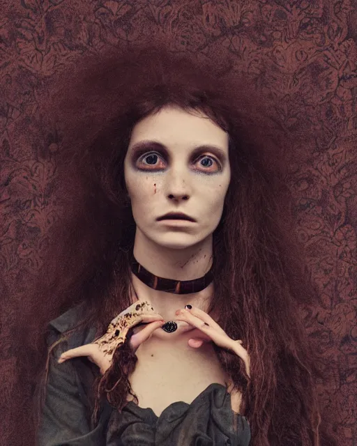 Prompt: an instant photo of a beautiful but creepy young woman in layers of fea, with haunted eyes and wild hair, wearing a vivienne westwood choker, 1 9 7 0 s, seventies, wallpaper, moorland, a little blood, moonlight showing injuries, delicate embellishments, painterly, offset printing technique, by mary jane ansell