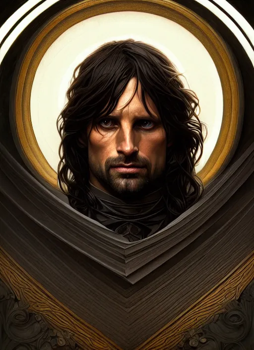 Image similar to symmetry!! portrait of aragorn, intricate, elegant, highly detailed, digital painting, artstation, concept art, smooth, sharp focus, illustration, art by artgerm and greg rutkowski and alphonse mucha