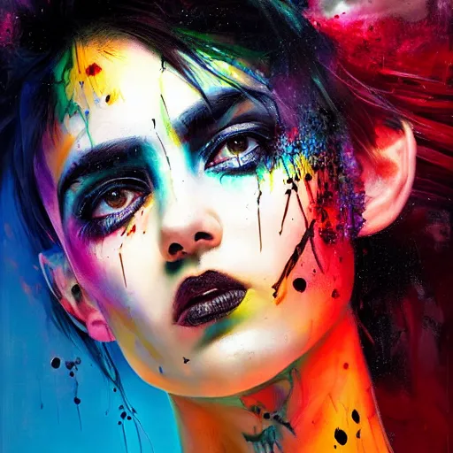 Prompt: cyberpunk goddess black hair, side portrait, striking, defiant, spotlight, vibrant colors, paint splash, beautiful eyes, black pupils, by marco paludet and gianni strino and marion bolognesi