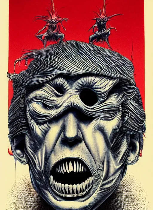 Image similar to donald trump's grotesque true form revealed, horror, high details, intricate details, by vincent di fate, artgerm julie bell beeple, 1 9 8 0 s, inking, vintage 8 0 s print, screen print