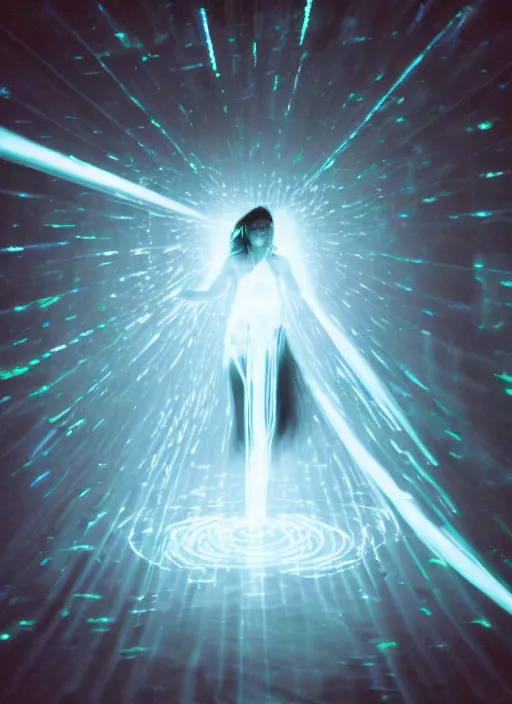 Prompt: female ascending, glowing third eye, particle glowing aura, motion blur, film grain, cinematic lighting, experimental film, shot on 1 6 mm, luminol light