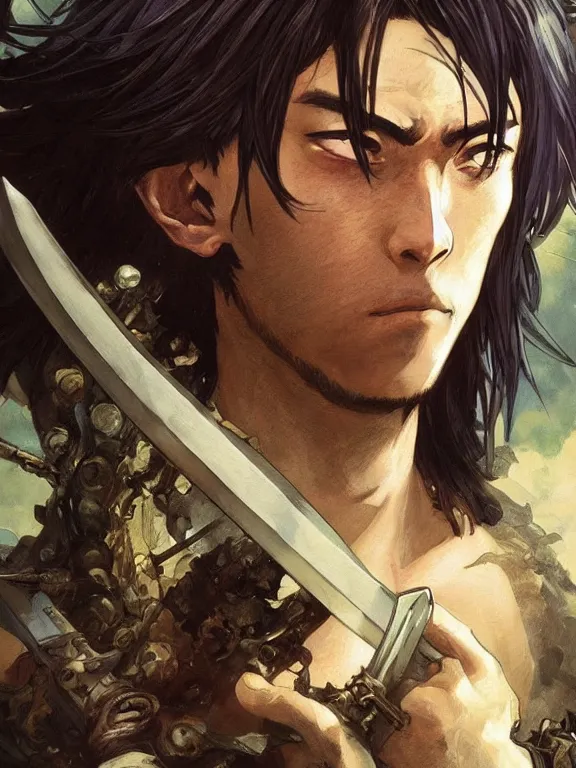 Image similar to close up picture of a saint sword man being tired at war. looking at the camera, cynical, bored, beautiful and aesthetic, intricate, unreal engine, messy hair, highly detailed, detailed face, smooth, sharp focus, chiaroscuro, manga illustration, artgerm, greg rutkowski, alphonse mucha, young adult light novel cover art