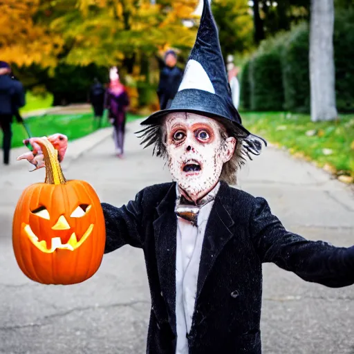 Image similar to willem dafoe trick or treating on halloween, ( sony a 7 r iv, symmetric balance, polarizing filter, photolab, lightroom, 4 k, dolby vision, photography awardm, voque, perfect face )