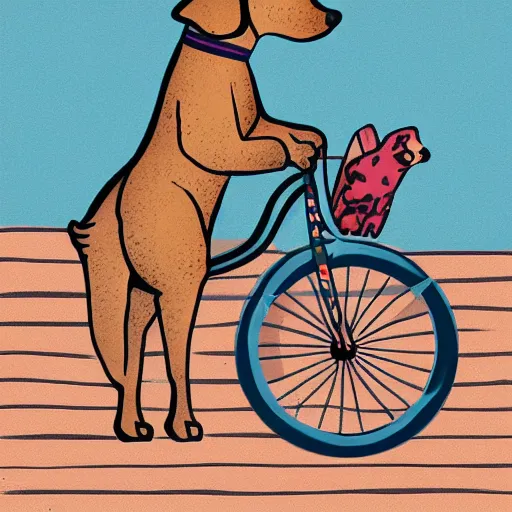 Prompt: illustration of a dog riding a bike in paris in the style of clement hurd