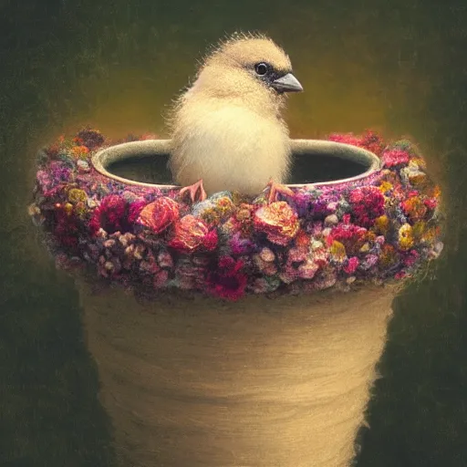 Image similar to long shot of a very fluffy sparrow chick nesting in a floral cup, esao andrews, by m. w. kaluta, humorous illustration, hyperrealistic, tilt shift, warm colors, night scenery, low light, 3 d octane render, 4 k, volumetric lights, smooth, cosy atmosphere, conceptart, hyperdetailed, trending on deviantart